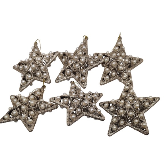 Glitter Christmas Ornaments Silver Gold Tone Faux‎ Pearl Beads 3D Set of Six - Picture 1 of 5